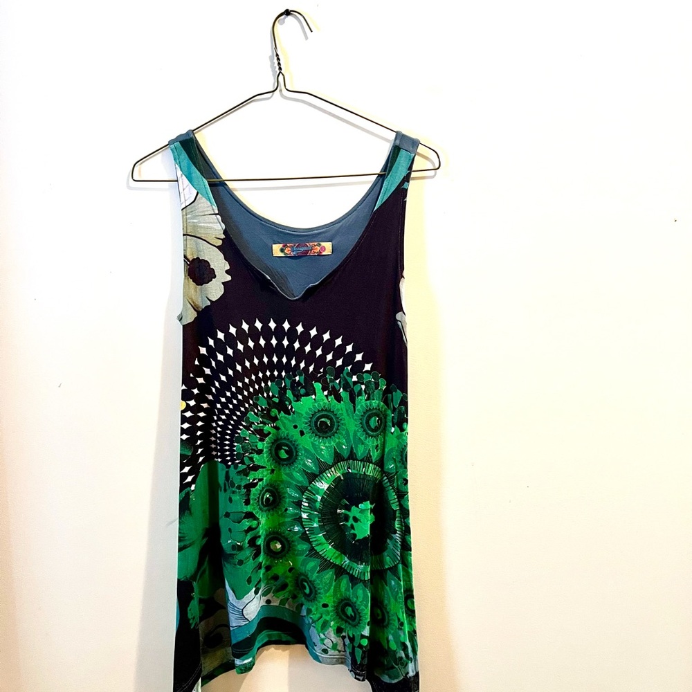 Desigual colorful, floral and bohemian tank top (or mini dress) in green!